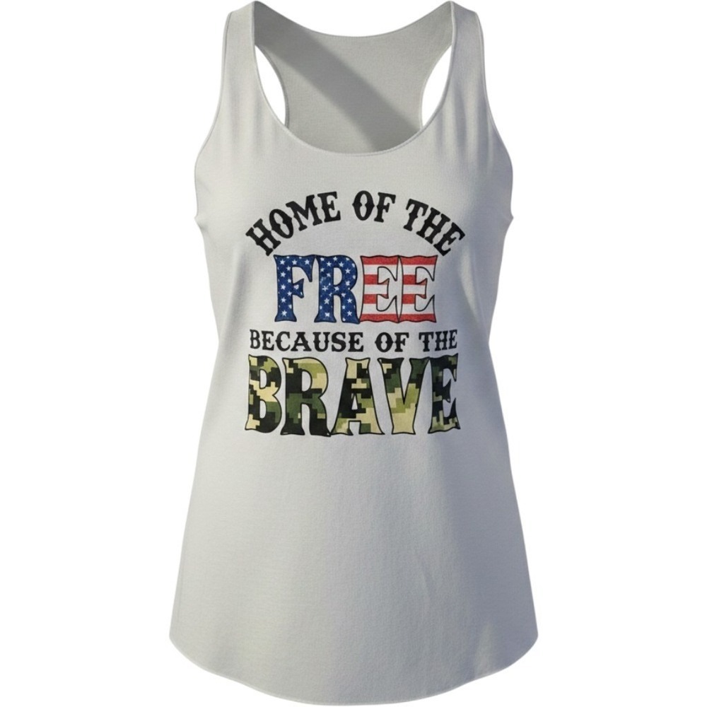 White Tank Top Unisex Patriotic Home Of The Free Because Of The Brave ,Large